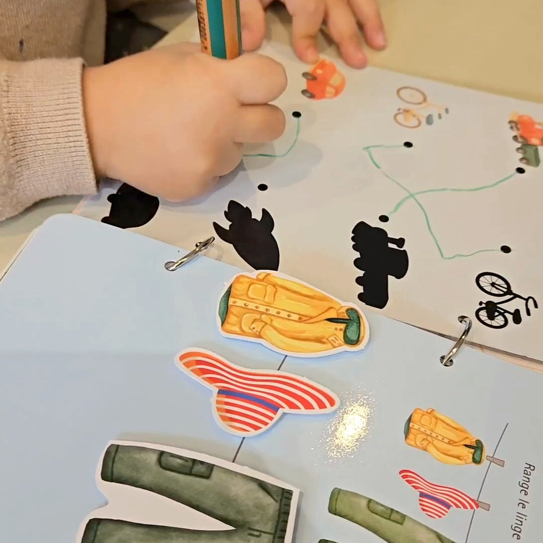 Livret d'Activités Avant la Maternelle : un enfant relie les points au crayon et range le linge comme sur le modèle
