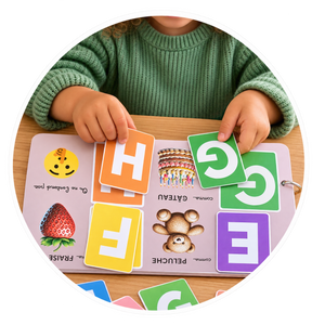 Enfant de 3-4 ans qui place les cartes lettres sur son livret